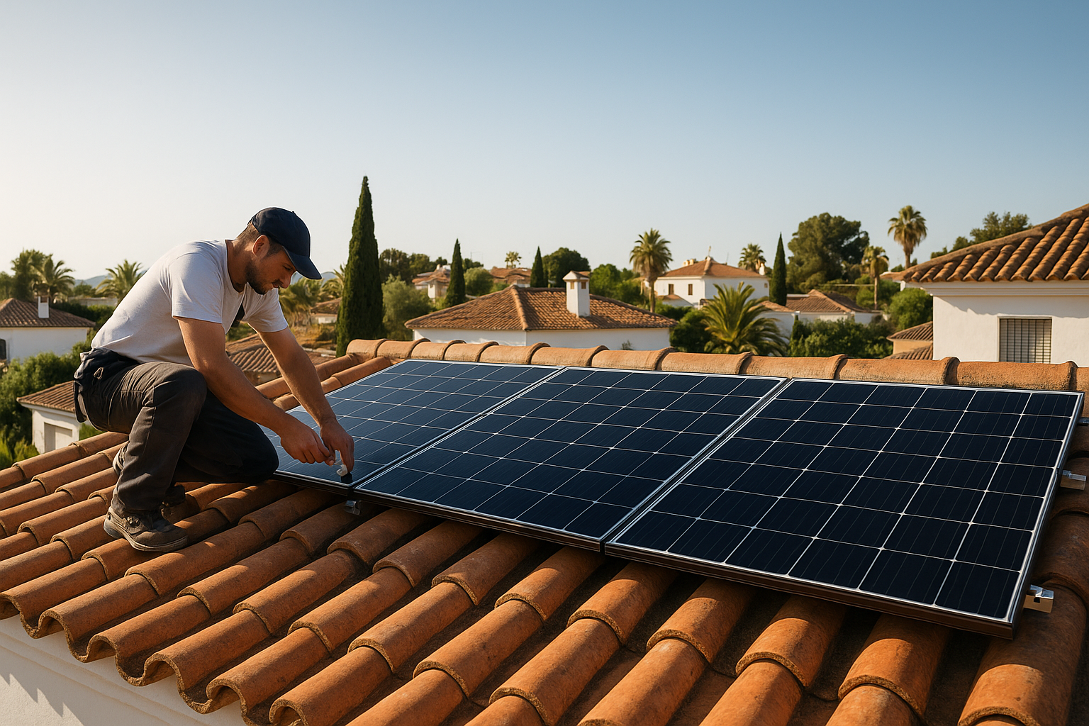 Técnico instalando paneles solares en el tejado de una vivienda en Sevilla con cielo despejado