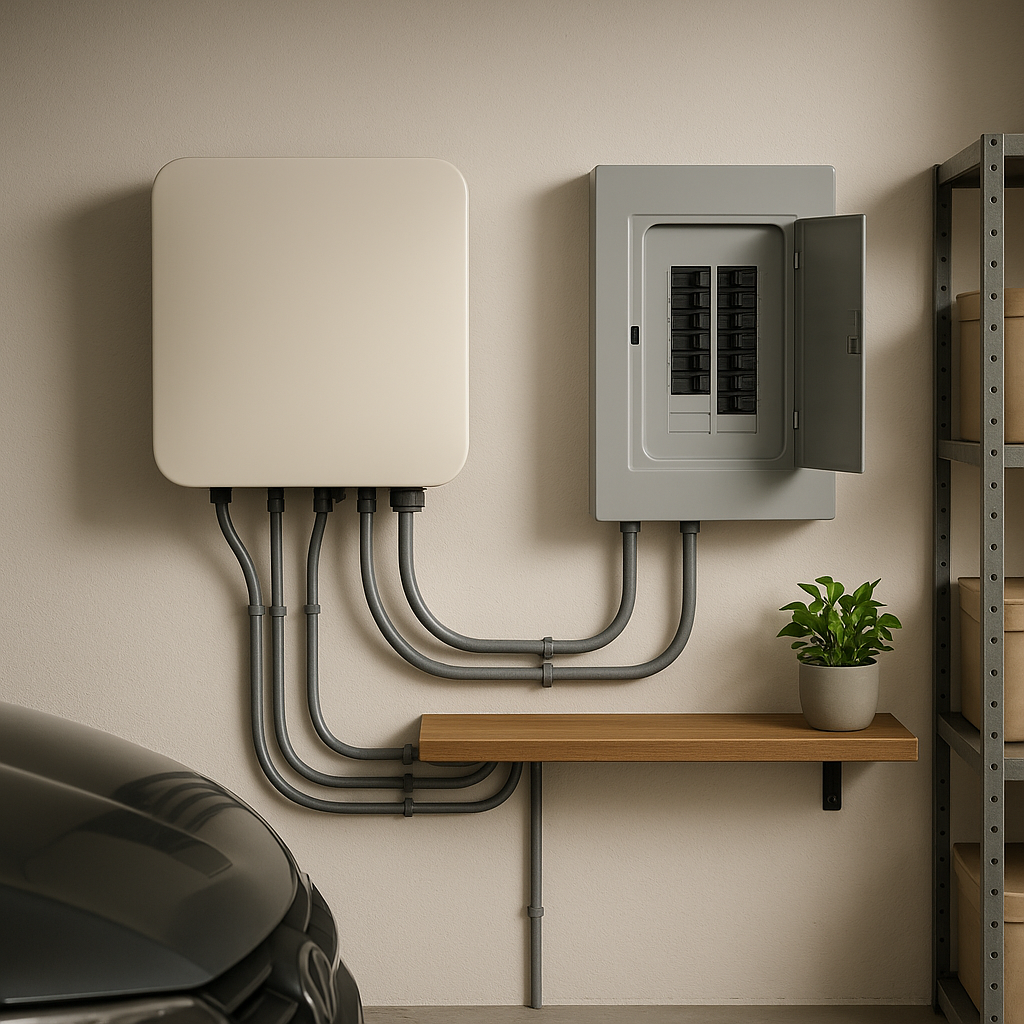 Inversor solar y cuadro eléctrico instalados en garaje de una vivienda con autoconsumo