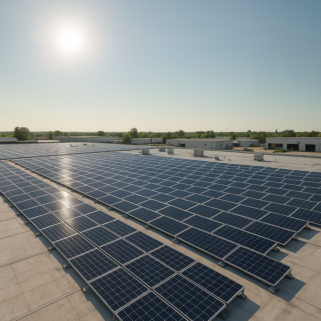Paneles fotovoltaicos sobre la cubierta plana de una nave industrial de una pyme